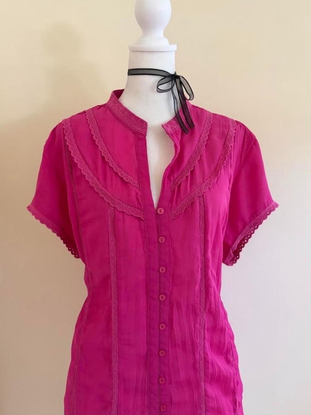 Vintage Y2K ruffle lace hot pink girly button up blouse lolita coquette XL-XXL
